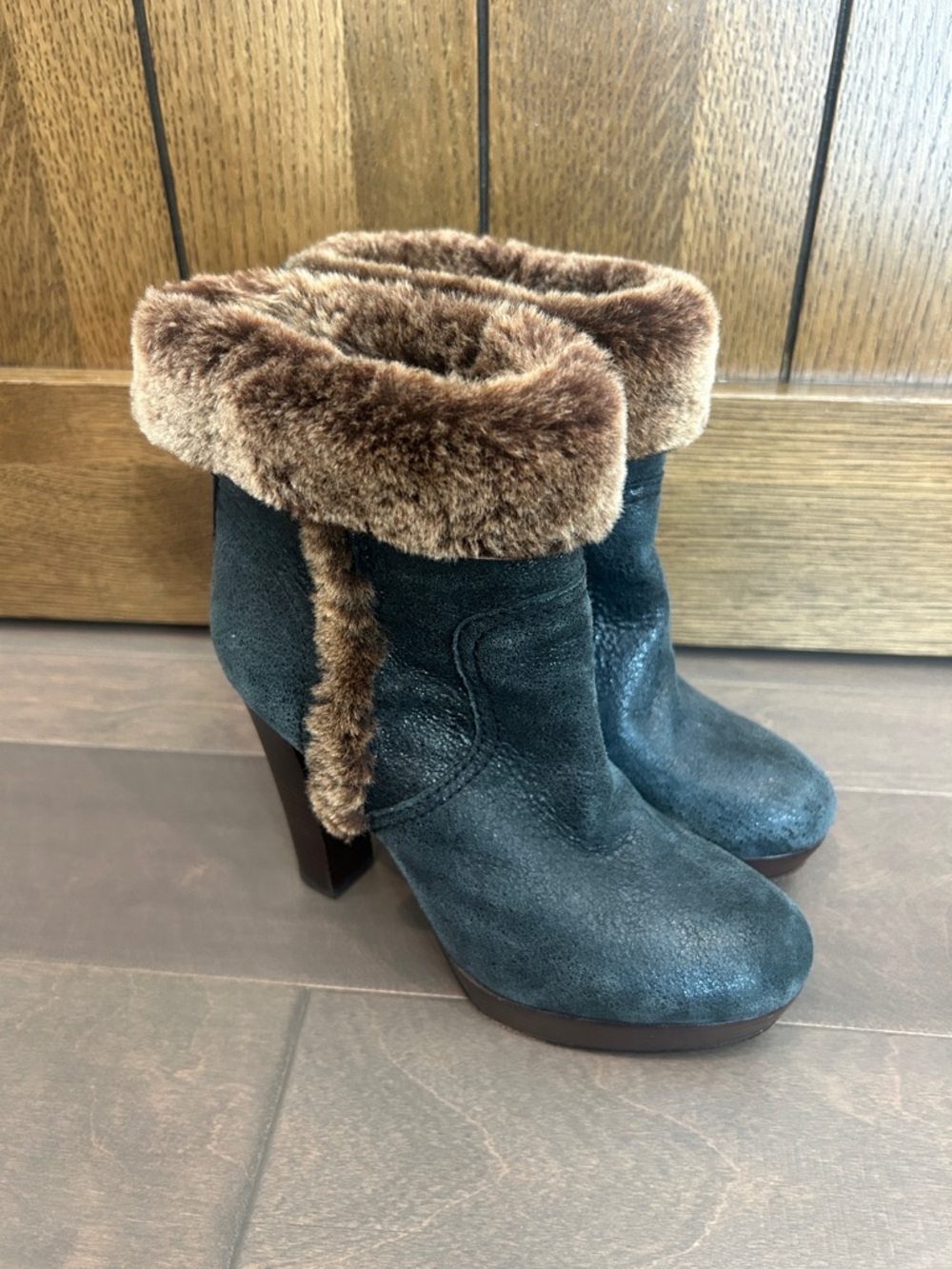 Tory Burch Washed Black Suede Ankle Boots with Brown Faux-Fur Cuff
